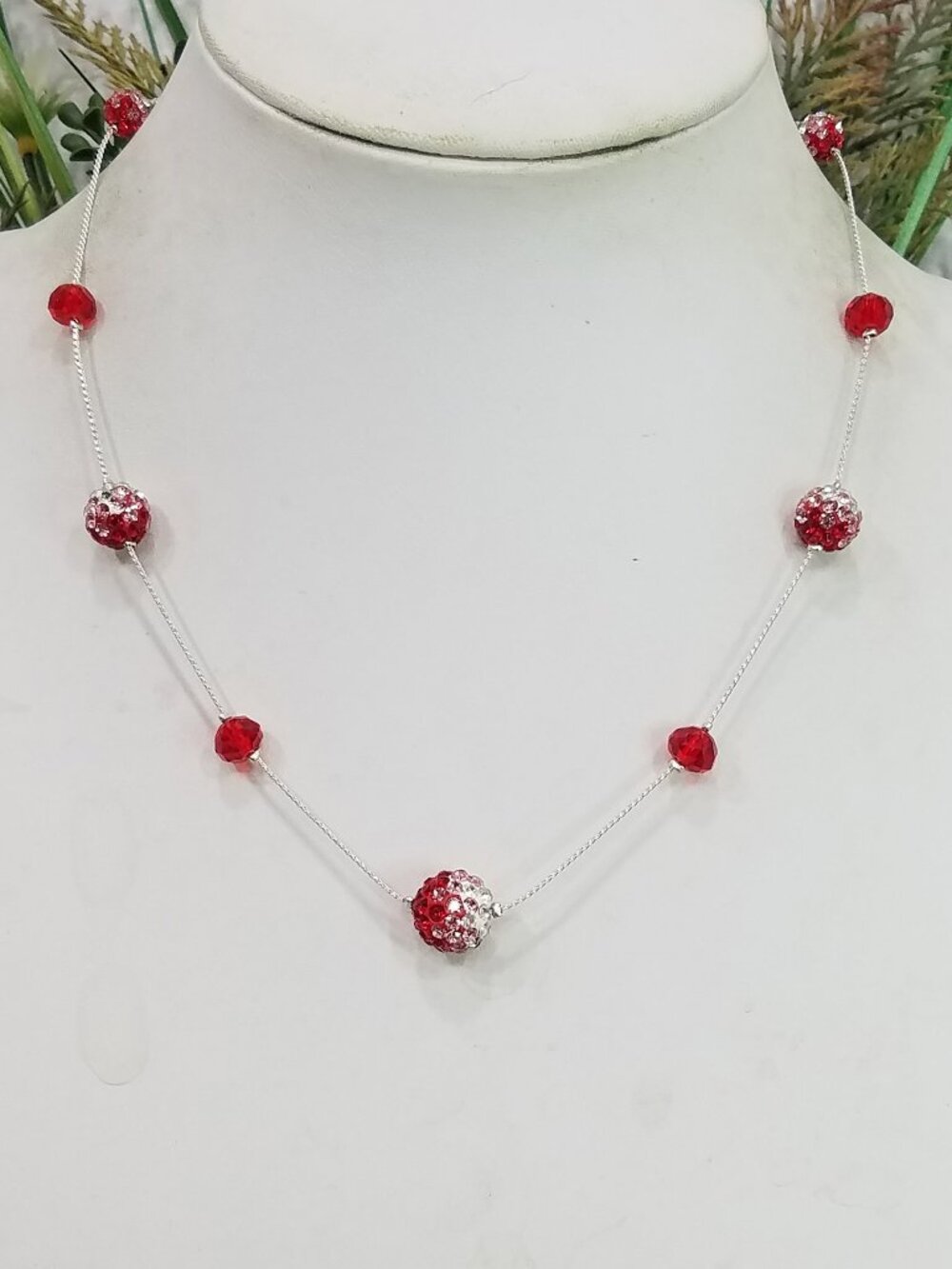 Red Crystal Bead Station Necklace Silver Tone Box Chain Choker Sparkle Jewelry